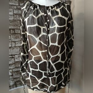 Michael Kors Brown and Cream Sheer Printed Silk Blouse